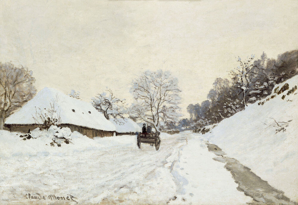 A Cart on the Snowy Road at Honfleur, 1865 - by Claude Monet